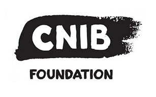 'CNIB' logo, white background with what looks like black spray-paint in a semi-rectangle shape with the capital letters 'CNIB' in the middle in white text, with the capitalized word 'Foundation' below in black text.